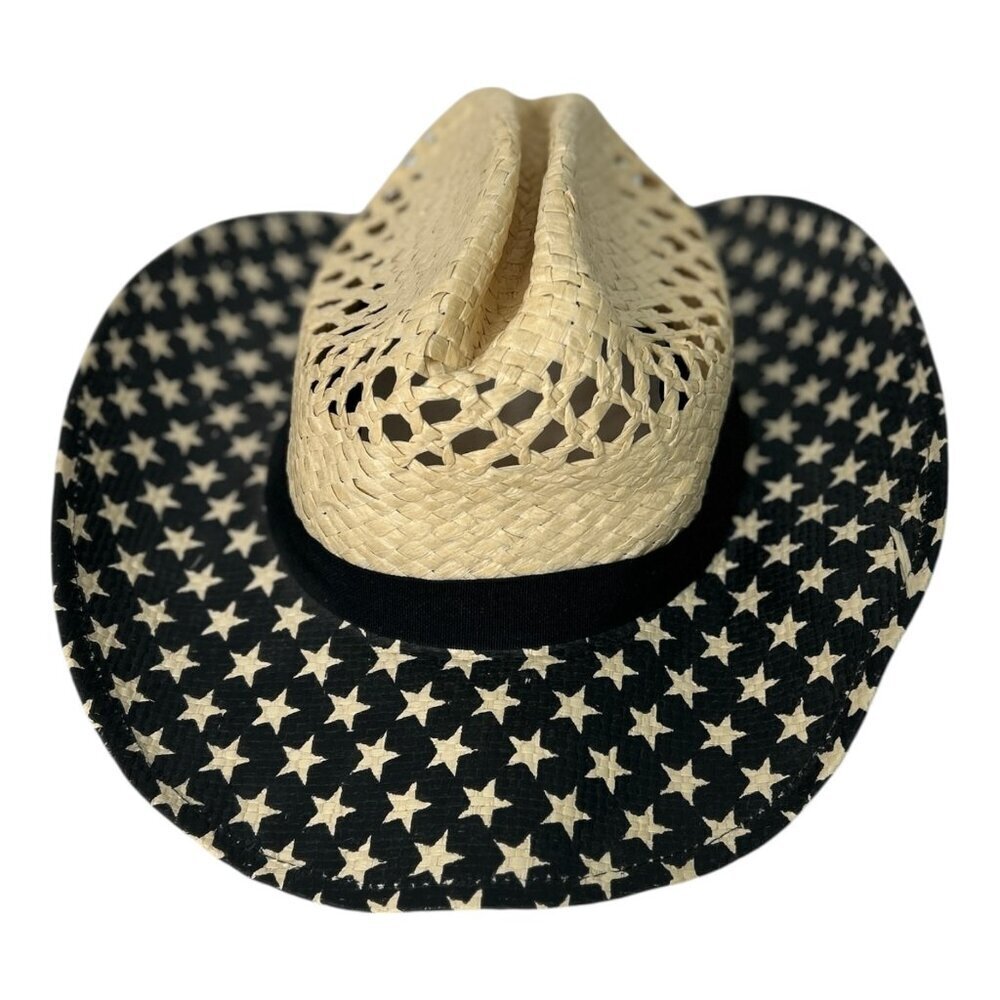 Woven Straw  Cowgirl/Cowboy Hat with Stars Brown &‎ Black Texas Rodeo 100% Paper
